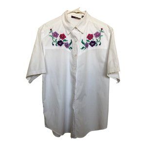 Westbound Casual Short Sleeve White Button Up Shirt Pansy Embroidered Women XL